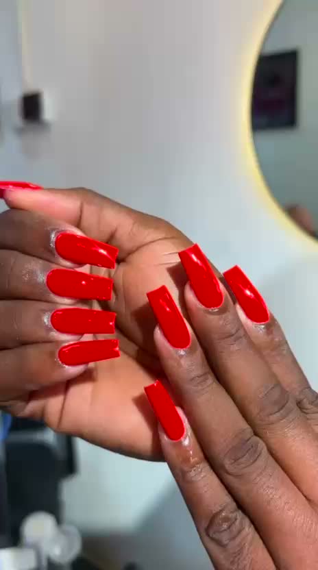 Long glossy red square nails
