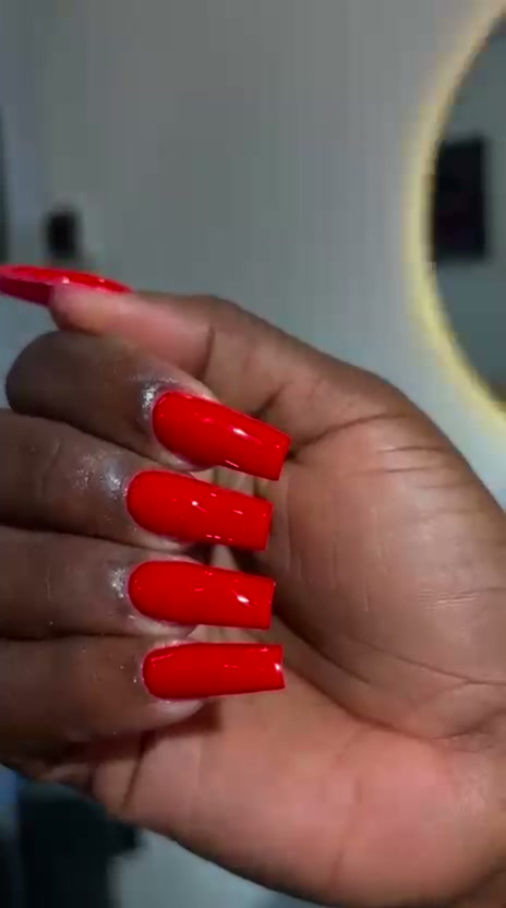 Bright red long square coffin nails
